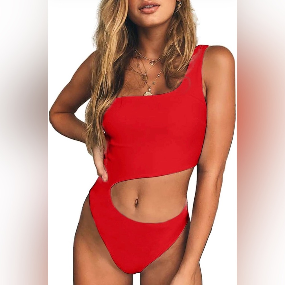 Red One-Shoulder Cutout Swimsuit